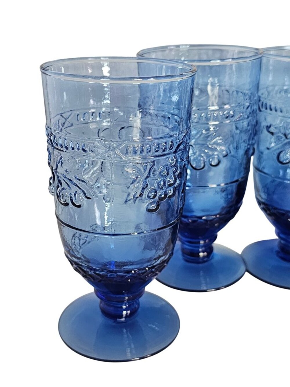 4 Mikasa Garden Harvest Blue Ice Tea Glasses 6.2" cobalt raised relief fruit ice - Picture 4 of 5